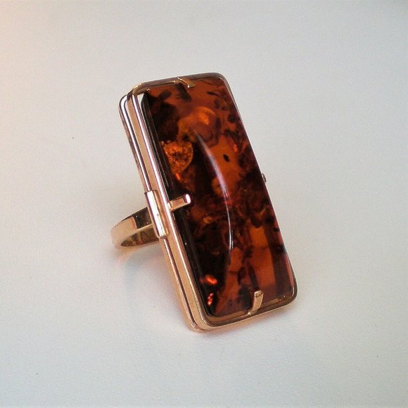 NEW Russian Russia USSR 14K 585 Rose Pink Gold Baltic Honey Amber Cocktail RING - Picture 3 of 9